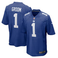 New York Giants Number 1 Groom Royal Game Jersey product image 1, provided for visual reference and product detail review