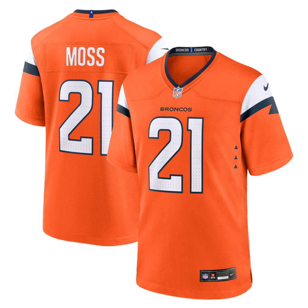 Denver Broncos Riley Moss Orange Team Game Jersey product image 1, provided for visual reference and product detail review
