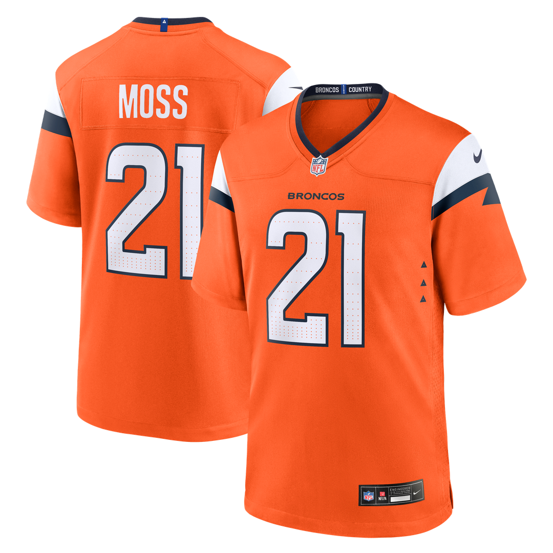Denver Broncos Riley Moss Orange Team Game Jersey product image 1, provided for visual reference and product detail review