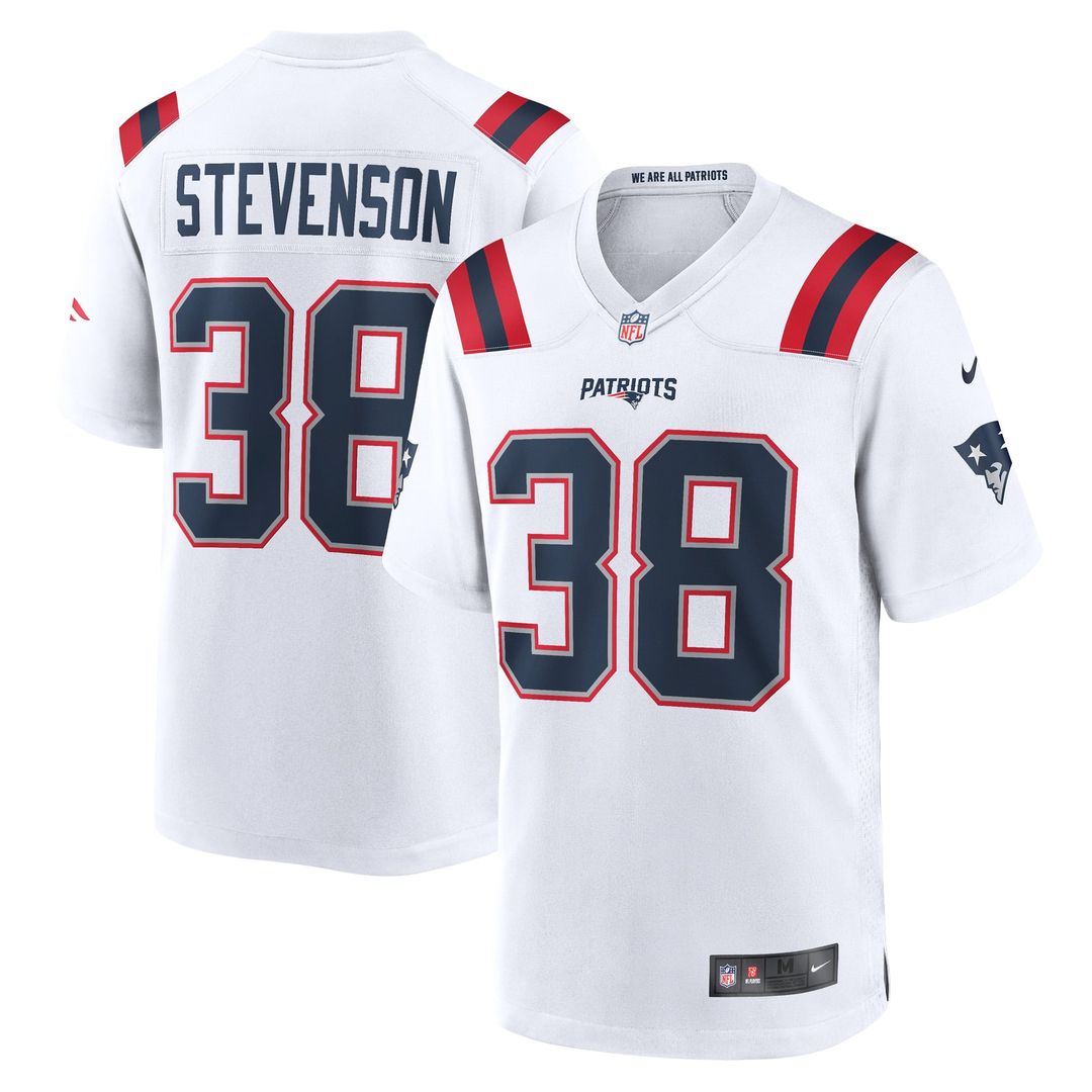 New England Patriots Rhamondre Stevenson White Game Player Jersey product image 1, provided for visual reference and product