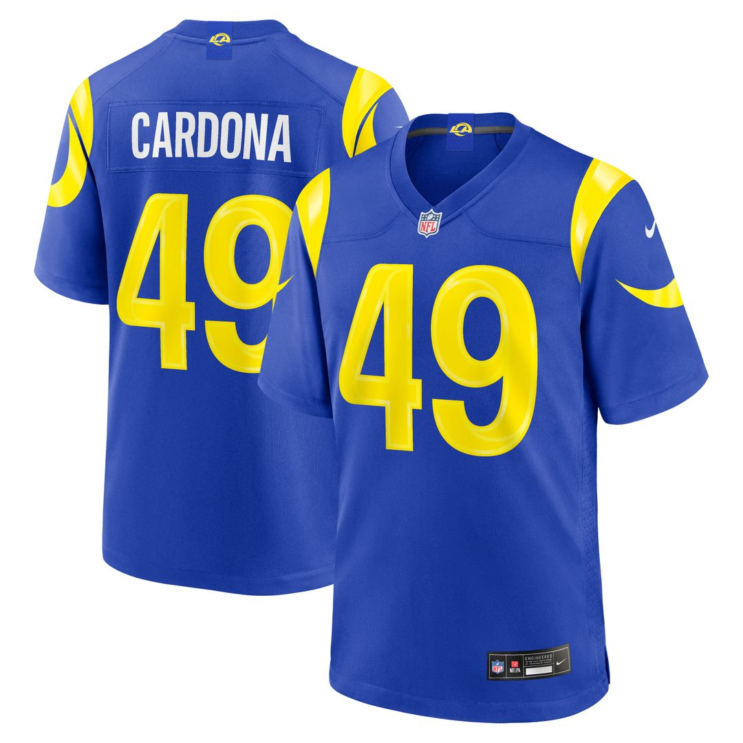 Los Angeles Rams Joe Cardona Royal Team Game Jersey product image 1, provided for visual reference and product detail review