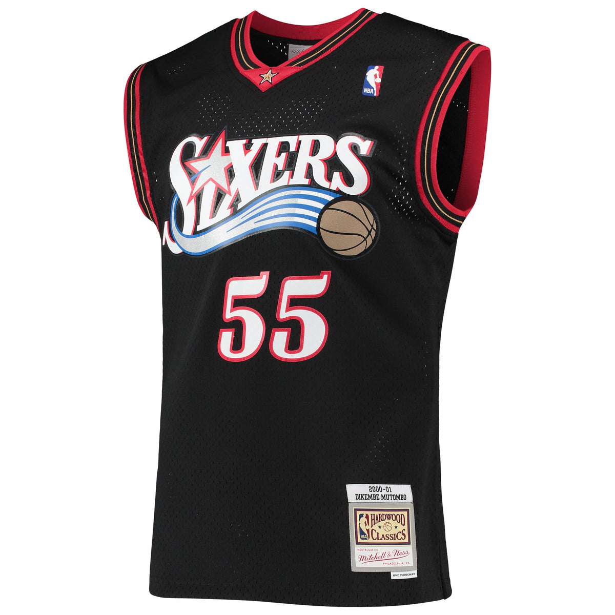 Philadelphia 76ers Dikembe Mutombo Mitchell & Ness Black Hardwood Classics Swingman Jersey for Men product image 3, provided