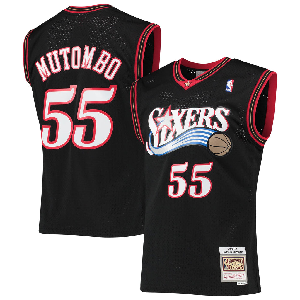 Philadelphia 76ers Dikembe Mutombo Mitchell & Ness Black Hardwood Classics Swingman Jersey for Men product image 1, provided