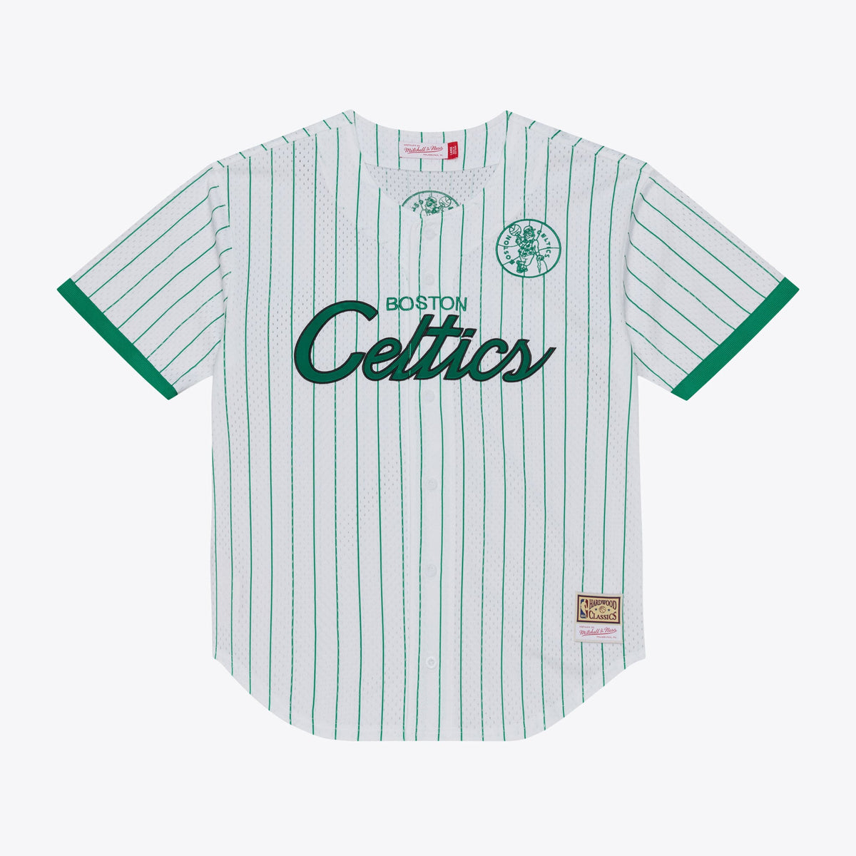 Boston Celtics Mitchell & Ness White Head Coach Pinstripe Mesh Full-Button Baseball Jersey for Men product image 1, provided