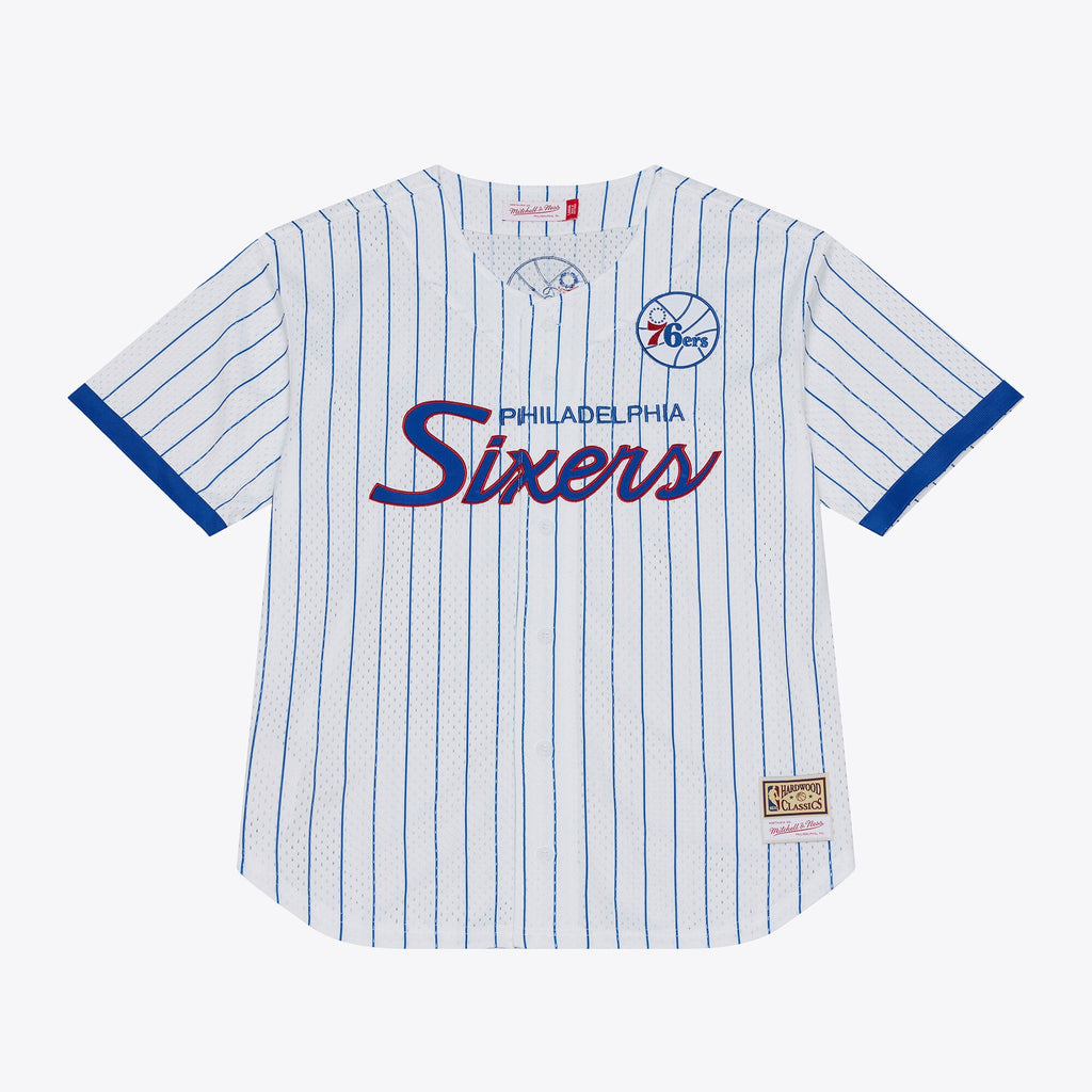 Philadelphia 76ers Mitchell & Ness White Head Coach Pinstripe Mesh Full-Button Baseball Jersey for Men product image 2,