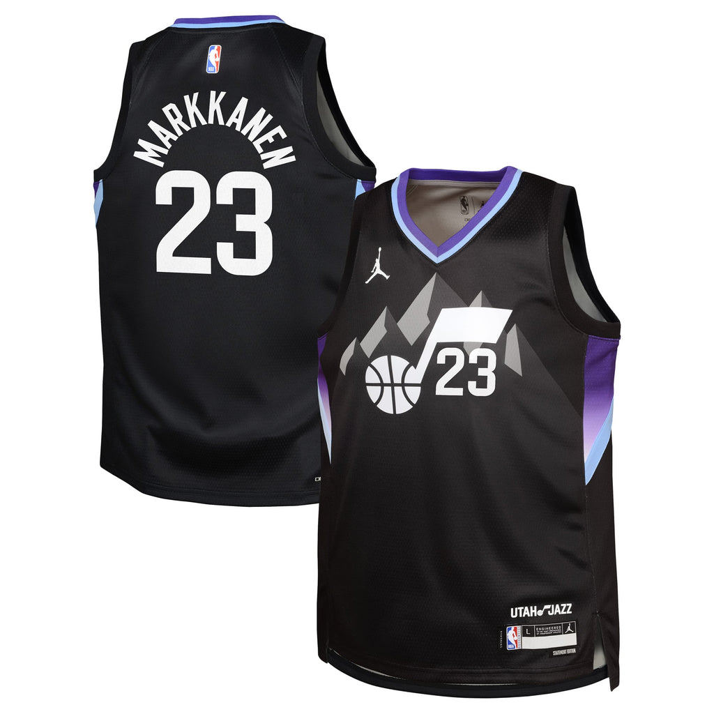 Youth Utah Jazz Lauri Markkanen Jordan Brand Black Swingman Jersey - Statement Edition product image 1, provided for visual