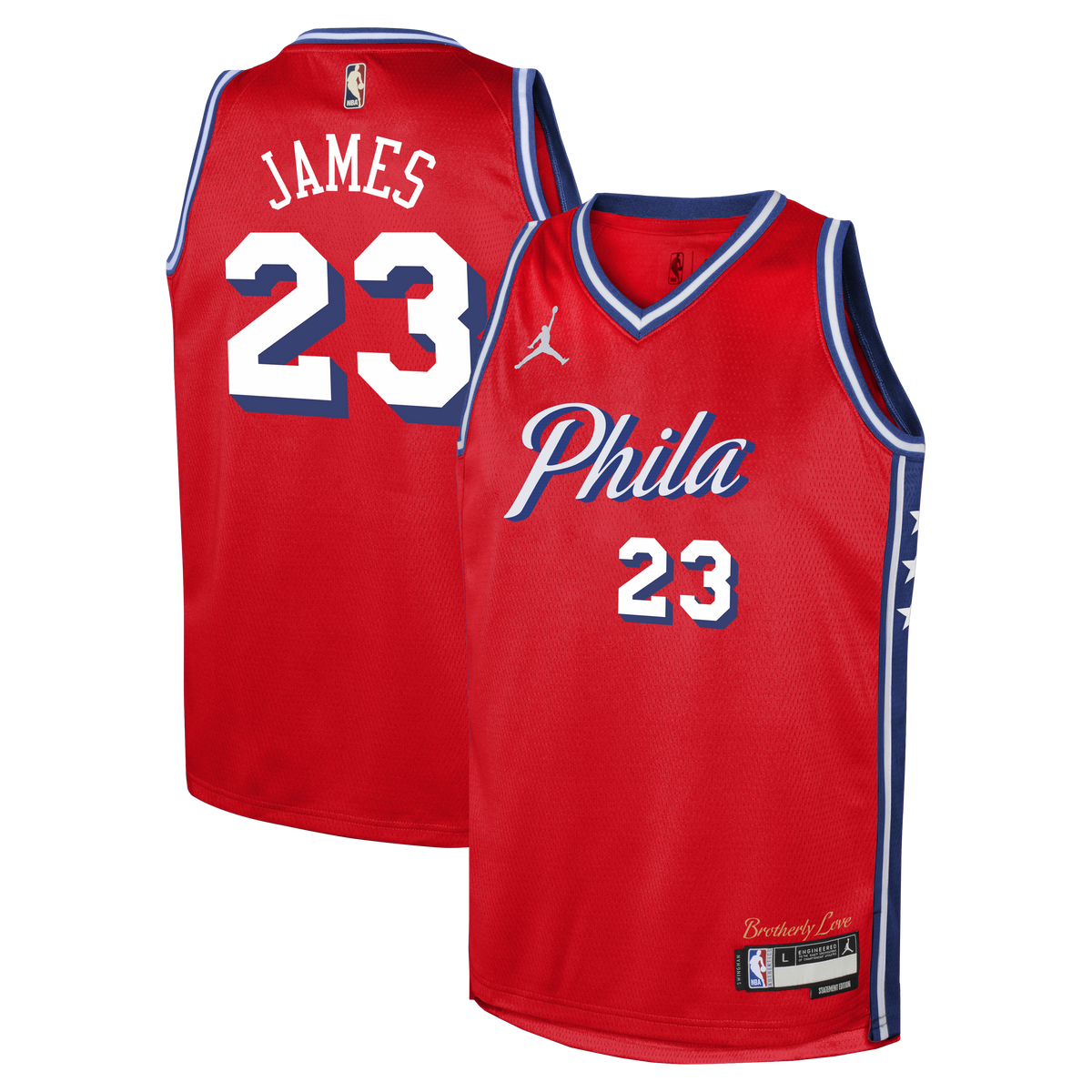 Youth Philadelphia 76ers LeBron James Jordan Brand Red Swingman Jersey - Statement Edition product image 1, provided for